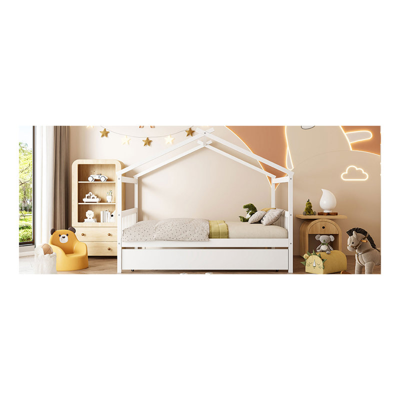 Lit double en bois avec lit gigogne simple, blanc