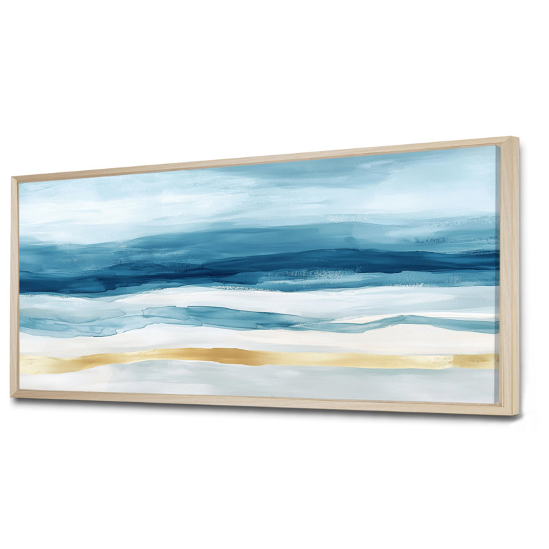 Art mural vague tropicale, toile océan or bleu, ondulations de plage tropicales bleues, 28" H x 60" W, Natural Floater Framed