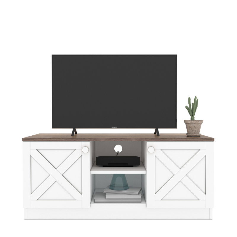 Meuble télé avec 2 armoires, base en bois, blanc, 80 - 89 po