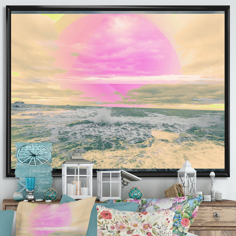 Coucher de soleil rose avec vagues bleues sur un ciel jaune - impression sur toile, H 36 po x l 46 po x 1,5 po
