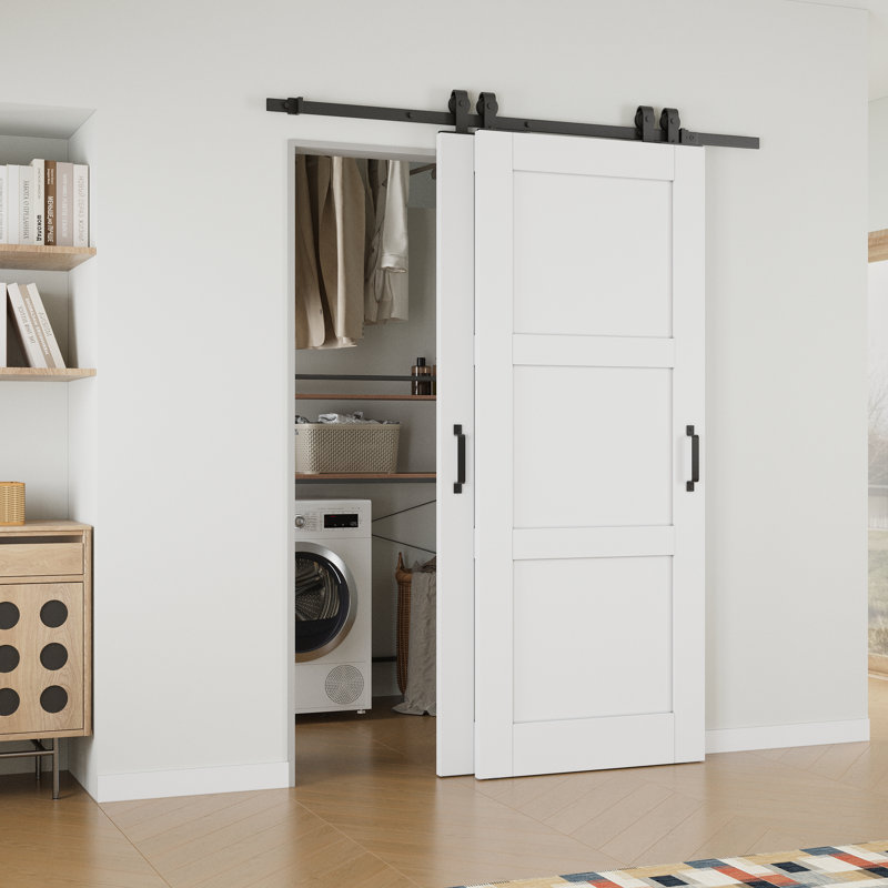 56" x 80" Height 3-Paneled White Primed Solid Core Sliding Bypass Barn Door Double Doors with Hardware Kit, 56" x 80"