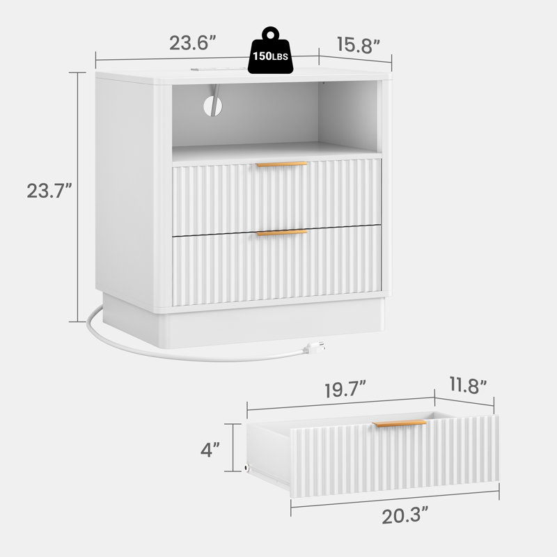 23.6" W 2 - Drawer Nightstand with Charging Station and LED Light, White
