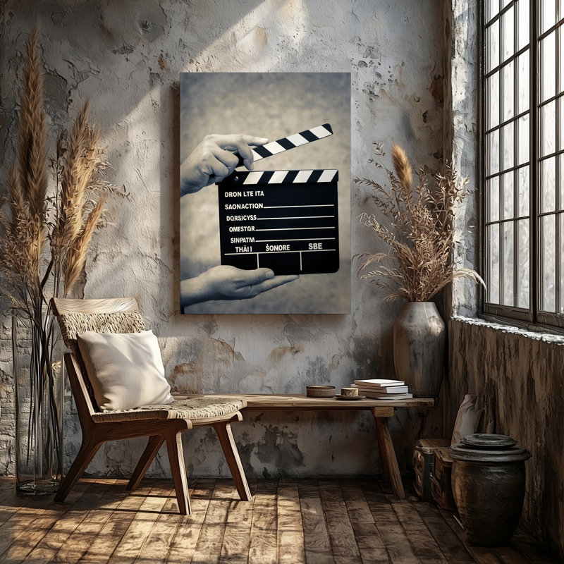 Toile, gros plan, clap sur un film rétro, H 30 po x l 20 po