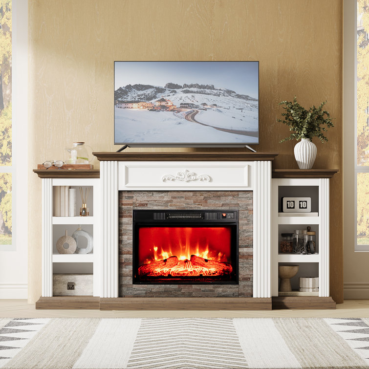 72" Electric Fireplace With Mantel, Fireplace Tv Stand For Tvs Up To 80 Inch, Entertainment Center With Storage, Realistic Stacked Stone Surround With Remote Control For Living Room