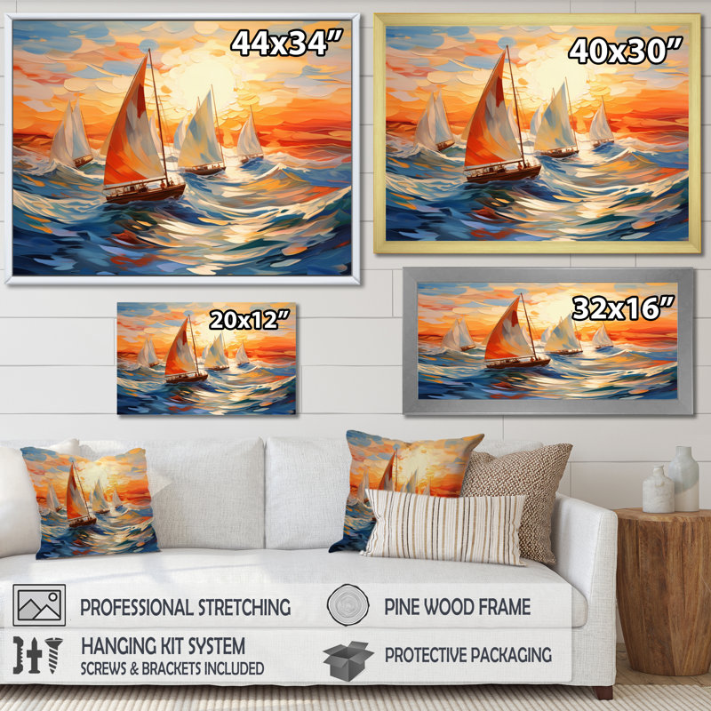 Voilier tourbillonnant, vagues sur toile, Cadre flottant noir, H 34 po x l 44 po x P 1,5 po