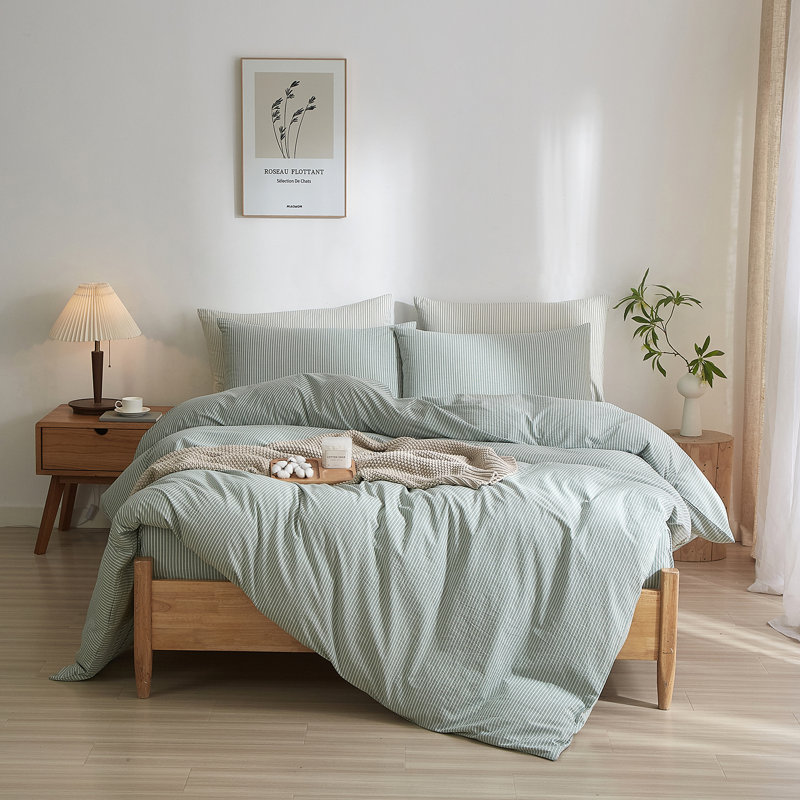 LIFETOWN Striped Duvet Cover Set,3 Pcs Breathable Durable 100% Washed Cotton Comforter Cover for All Seasons, Chic Linen Like Textured Bedding Set.