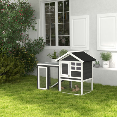 Wooden Rabbit Hutch Bunny Cage With Waterproof Roof, Outdoor Run, Removable Tray And Ramp, Grey