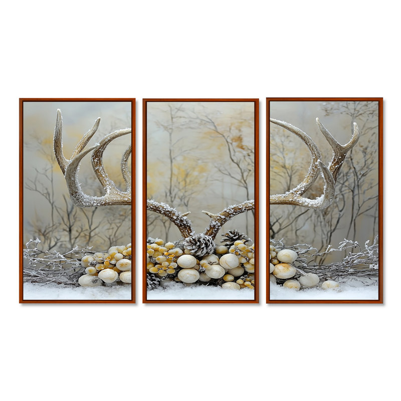 Cerf doré dans un décor de Noël I, Toile avec cadre flottant brun, H 32 po x l 48 po x P 1 po
