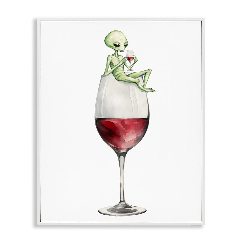 Alien perché sur un verre à vin, estampe numérique, design par Lil 'Rue, Estampe numérique encadrée blanc bord de mer