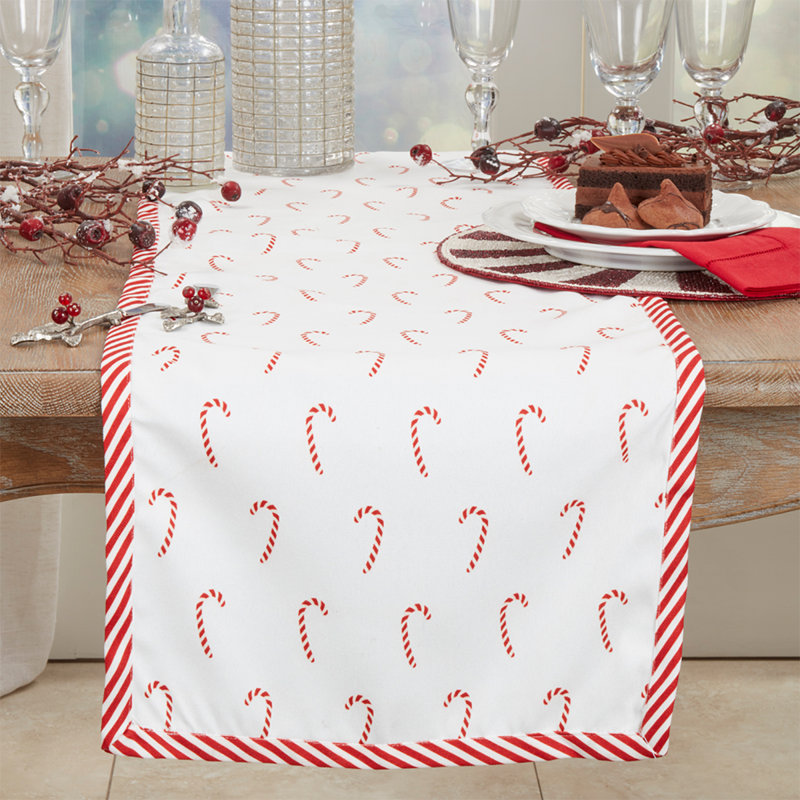 Red And White Candy Cane Christmas Table Runner Holiday Cotton Table Cover 16" W X 108" L, 108" L x 16" W