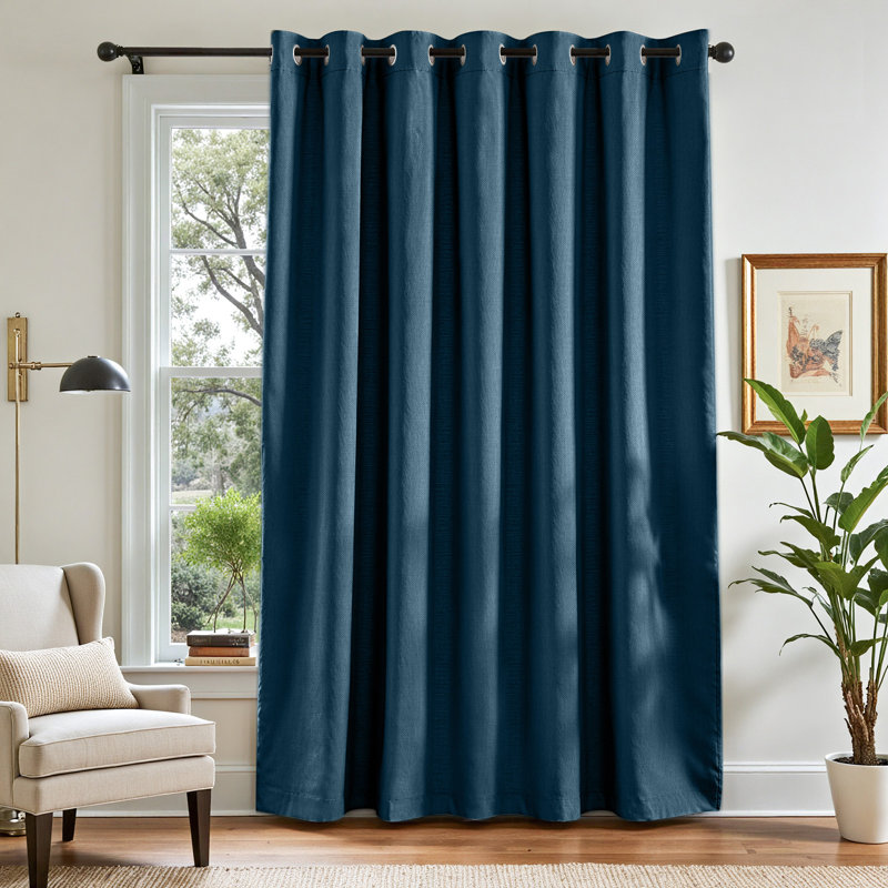 Grommet Room Darkening Linen Textured Curtain, 100" W x 96" L, Blue