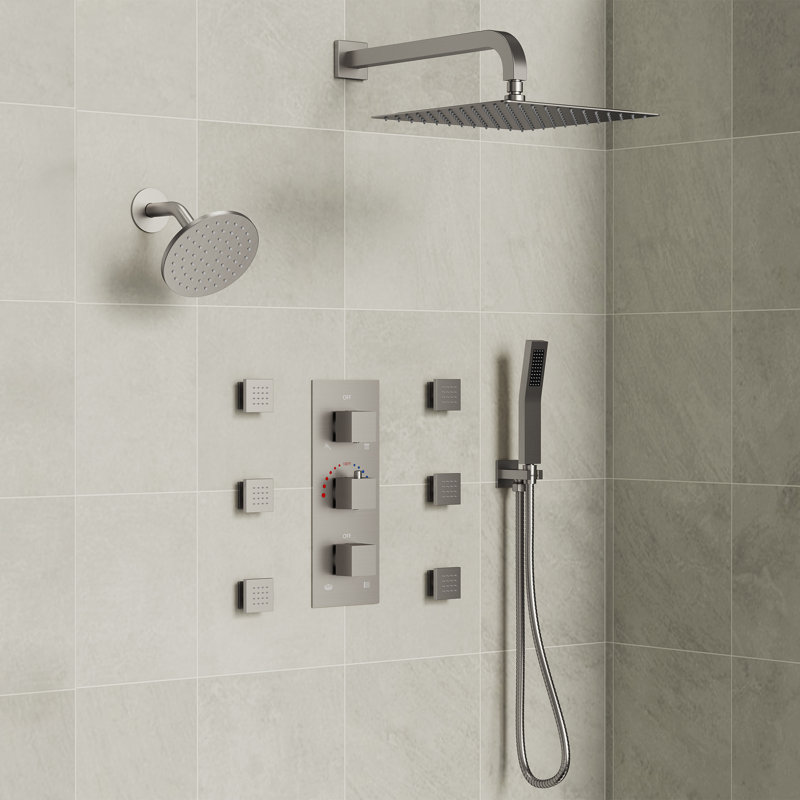 Système de pomme de douche thermostatique double, robinet de douche à pluie haute pression mural 12 "avec douchette et jet pour le corps