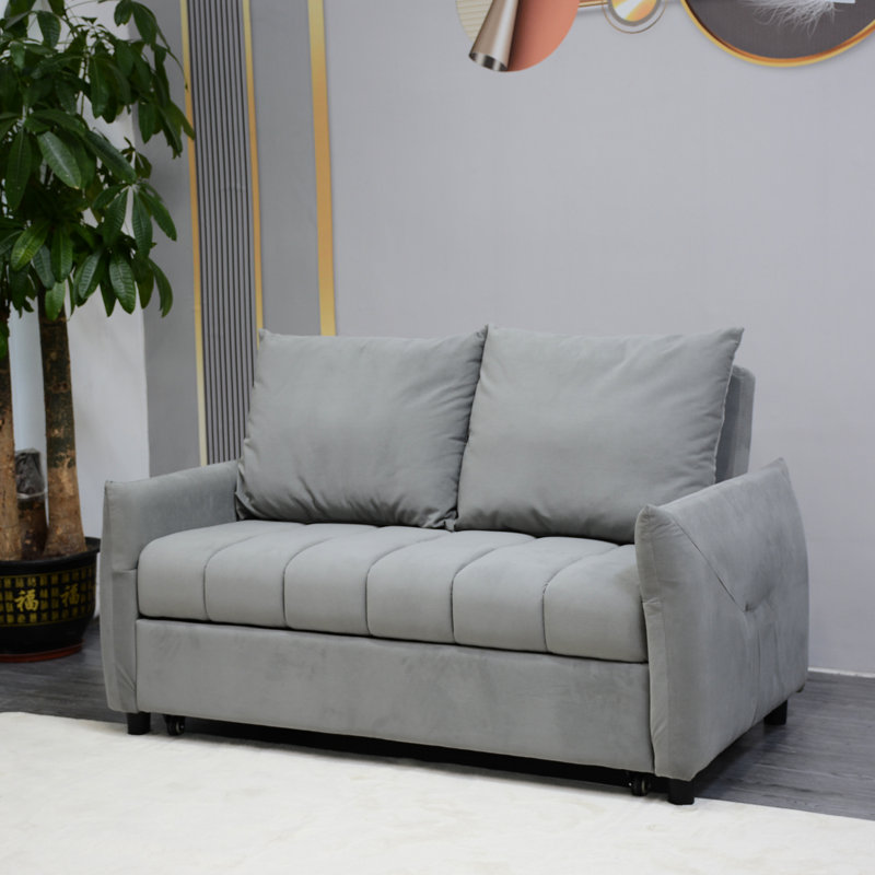 Lit convertible à dossier réglable, revêtement en velours, 2 poches latérales et coussins, gris pour espace de vie, canapé-lit, tissu, espace, manoir