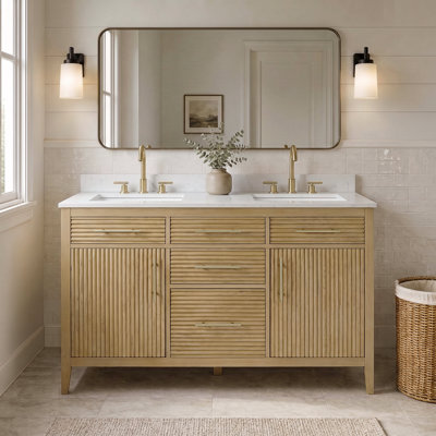 Meuble-lavabo double 55 po avec comptoir en granite blanc Calacatta