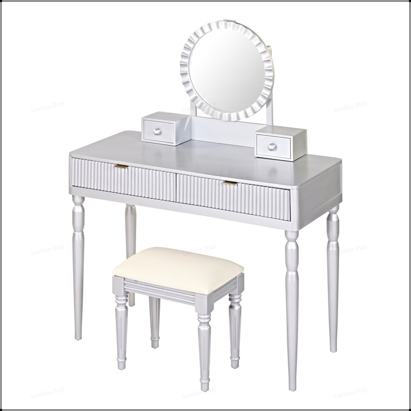Ensemble de meuble-lavabo réglable luxueux avec plusieurs tiroirs et tabouret, Argent argent