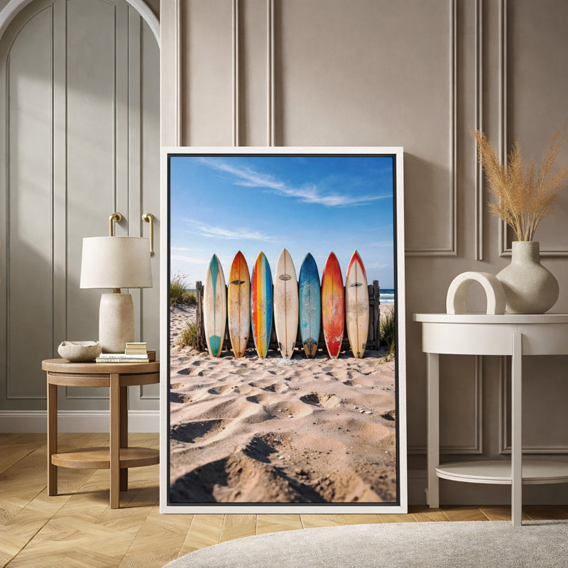 Illustration de planches de surf colorées sur la plage de sable, images de décoration murale océan côtier d'été, impression sur toile encadrée