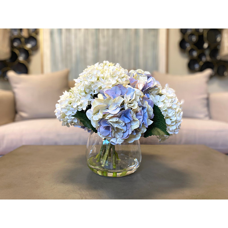 Hortensias en vase, Lavande/blanc, H 15 po x l 16 po x P 16 po