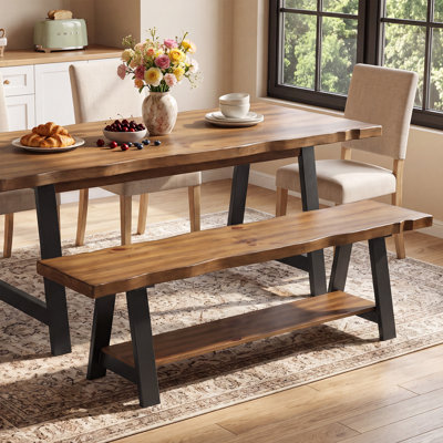 63'' Solid Wood Dining Bench with Live Edge Seat and Metal Legs