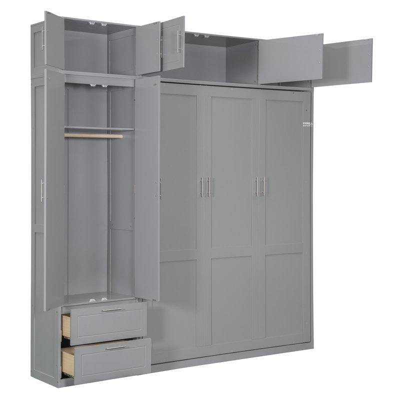 Grand lit gris avec tiroirs de rangement, tablette supérieure et garde-robe latérale pour les salles multifonctionnelles
