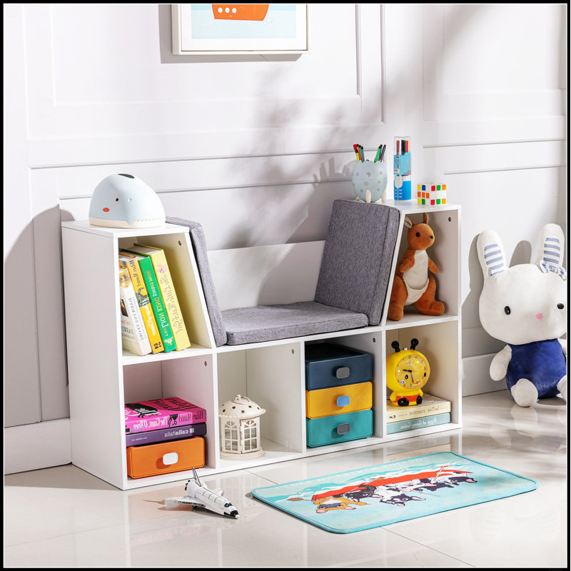 Bibliothèque pour 6 enfants avec coin lecture et coussin, rangement polyvalent pour chambre à coucher, salon