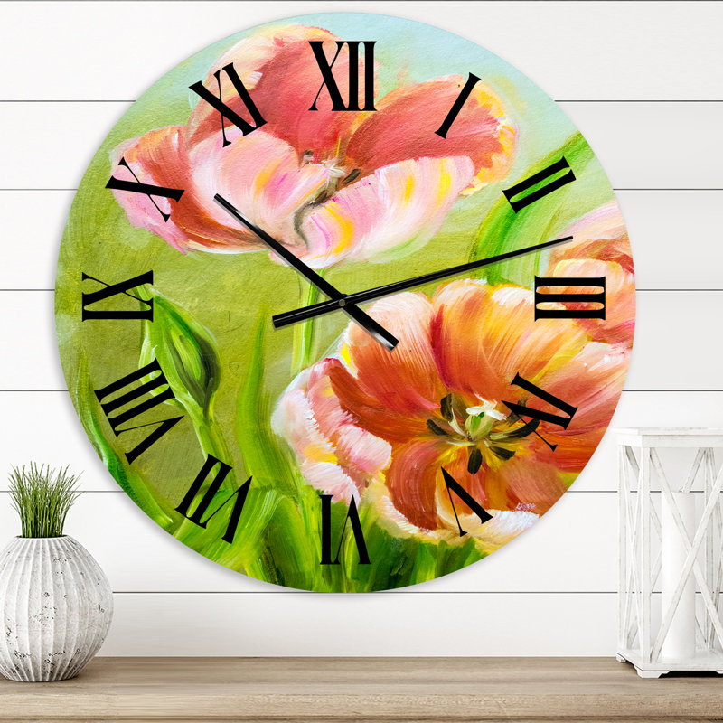 Horloge murale traditionnelle rétro avec tulipes rouges III, Petit