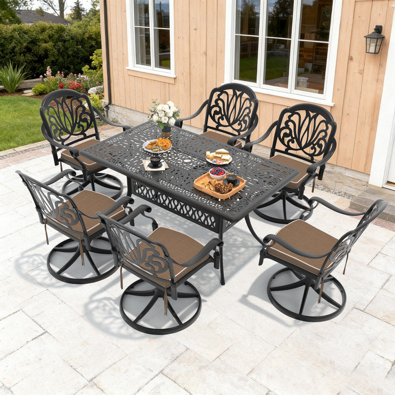 Table de salle à manger rectangulaire en aluminium moulé pour patio de 58,27 po L avec trou pour parasol et 6 chaises pivotantes avec coussins bruns (ensemble de 7 pièces)