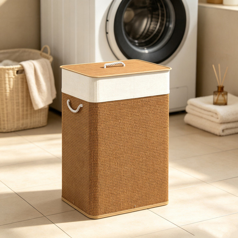 72L Bamboo Laundry Basket with Lid and Rope Handles, Large Washing Hamper with Removable Washable Liner Bag for Bathroom Bedroom, Nature Wood Finish