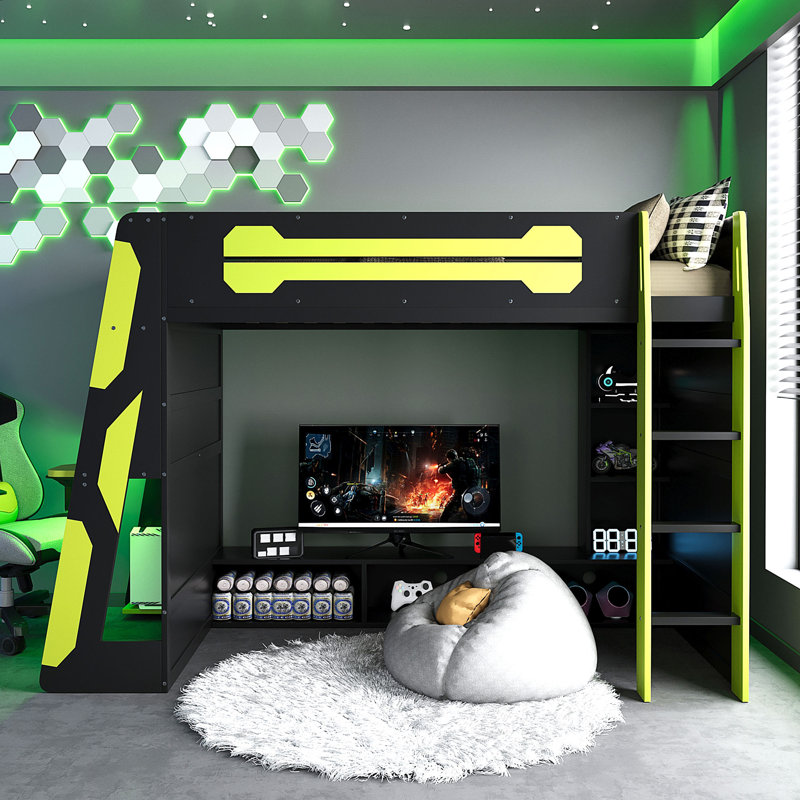 Lit mezzanine en bois avec bureau, Lit simple, Vert