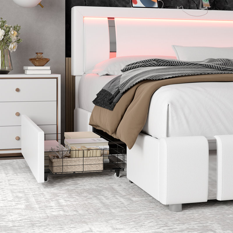 Barbuto PU Low Profile Storage Bed Frame with Lighted Headboard, USB Ports and 2 Drawers, Queen, White