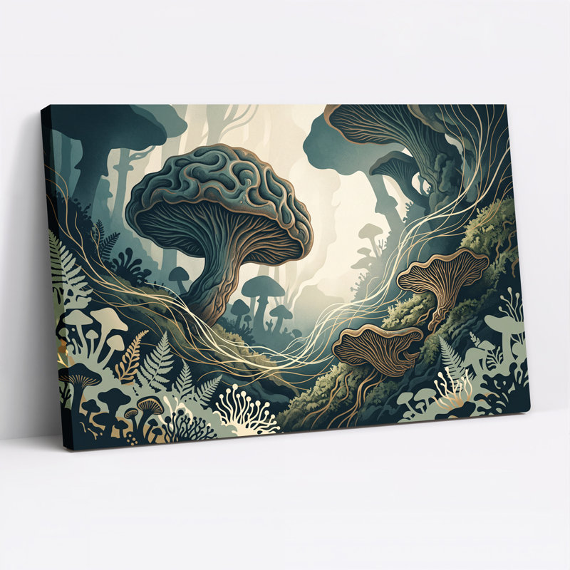 «Teal Mushroom and Ferns in Misty Forest Landscape», art mural sur toile, H 32 po x l 48 po