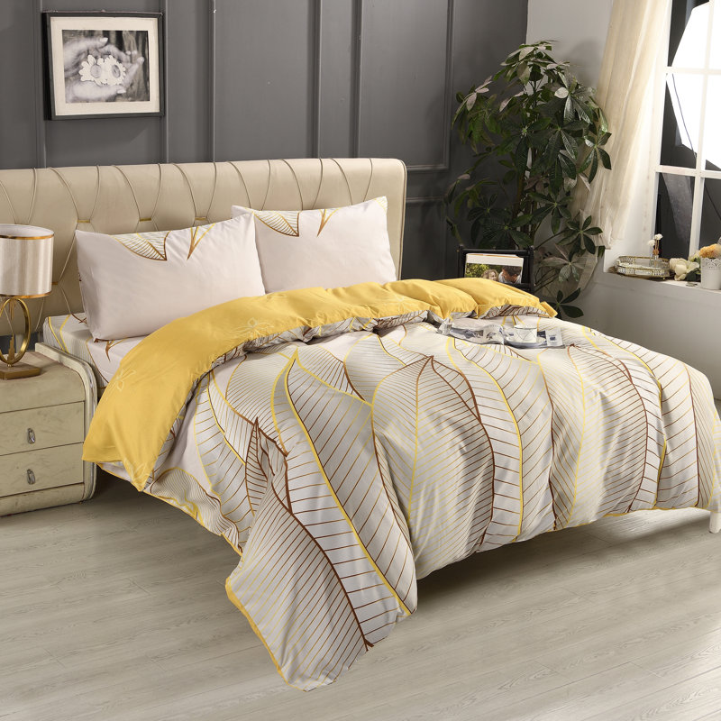 Bliss Complete Bedding Set Leaf Gold Duvet Cover Fitted Sheet With Matching Pillow Case
