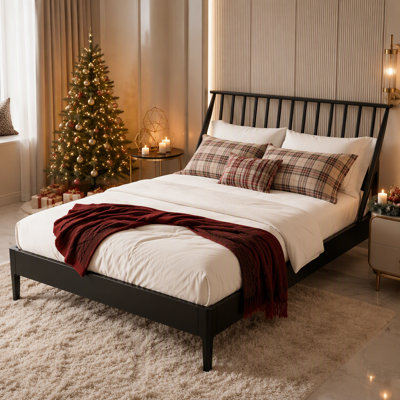 Solid Bamboo Wood Spindle Platform Queen Bed with 46.5 Inch Tall Headboard, Mid-Century Modern Style, No Box Spring Needed, Eco-Friendly and Durable