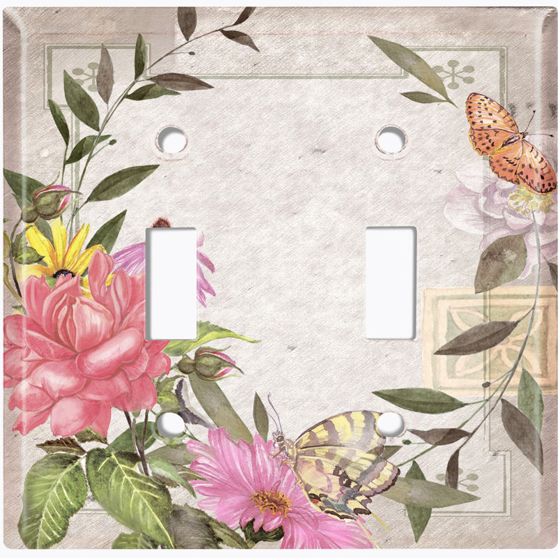 Pink Yellow Magnolia Flowers Butterfly Leaves Tan 2-Gang Toggle Light Switch Wall Plate