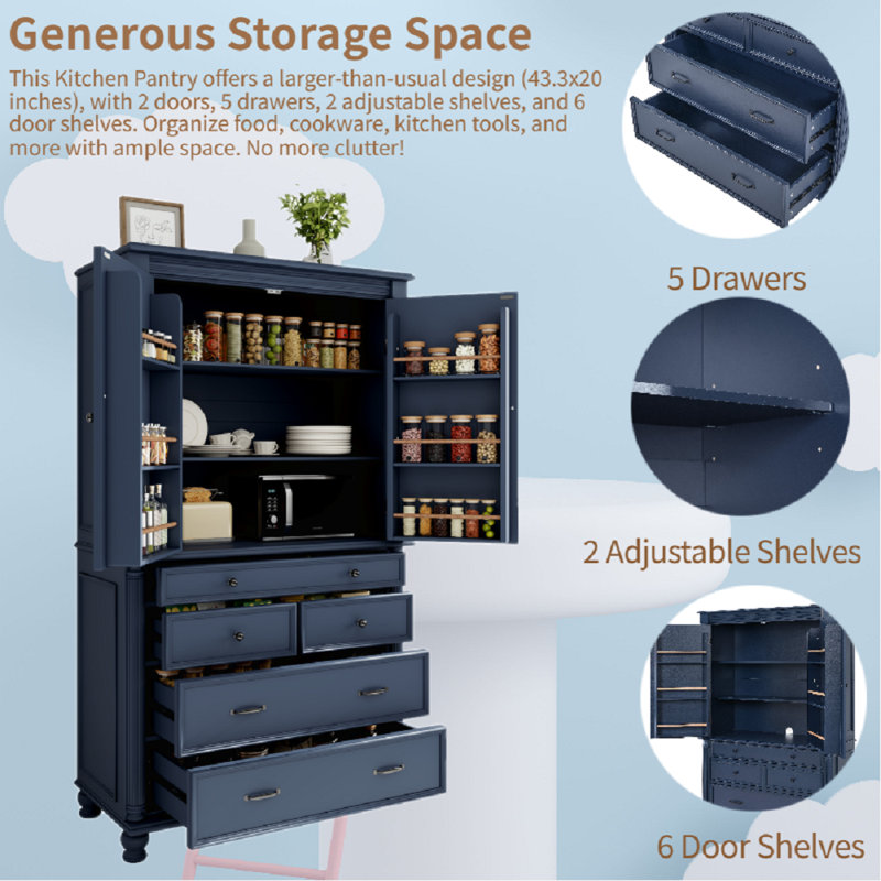Garde-manger de 77,3 po de hauteur avec plusieurs espaces de rangement, Bleu, Noir