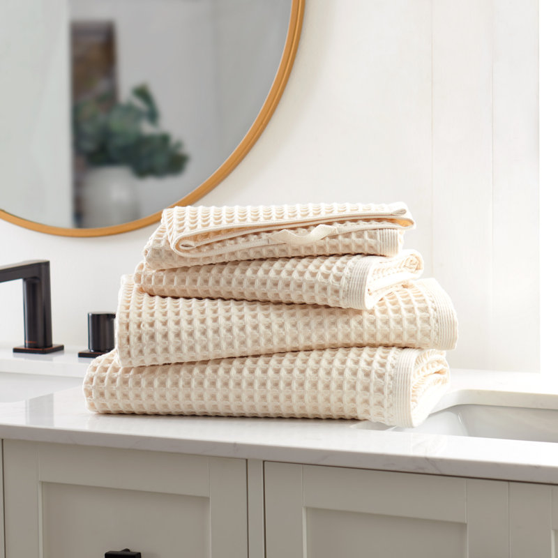DKNY Pure Yarn Dyed Waffle Unbleached Cotton Bath And Hand Towel 4-Piece Set Natural, White