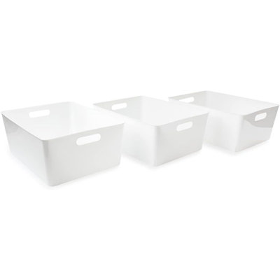 Ensemble de 3 bacs de rangement blancs XL avec poignées découpées - Rangement en plastique pour garde-manger, garde-robe, cuisine, bureau et maison