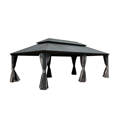 Gazebo pour terrasse de jardin, 4,27 x 6,71 m, gris - Toit double en acier galvanisé, structure en aluminium, gouttière intégrée, rideau et moustiquaire.
