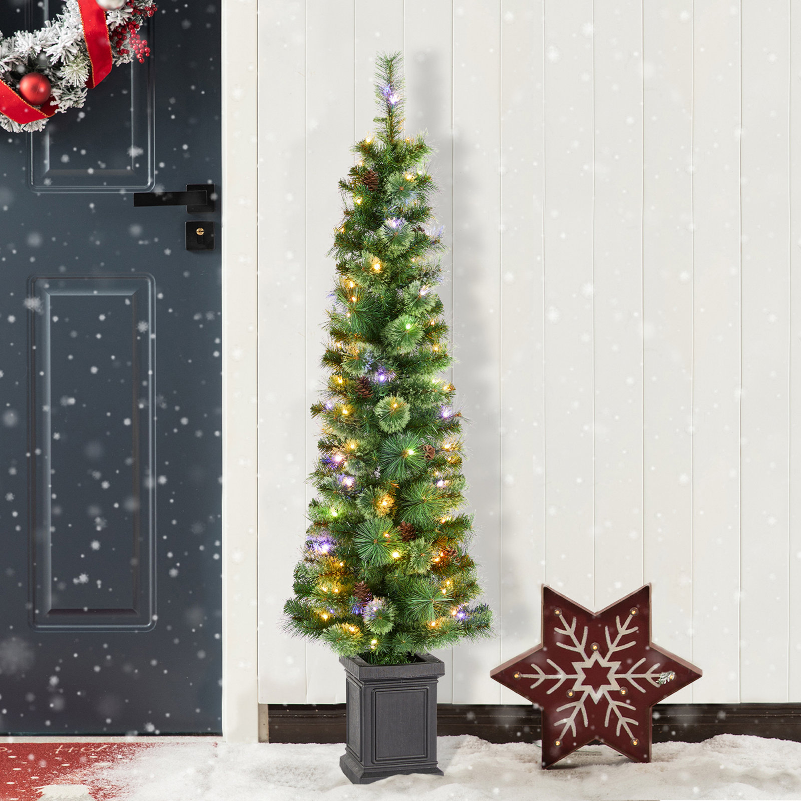 Pre-Lit Green Cashmere Pine Christmas Porch Tree With Lights, 5'