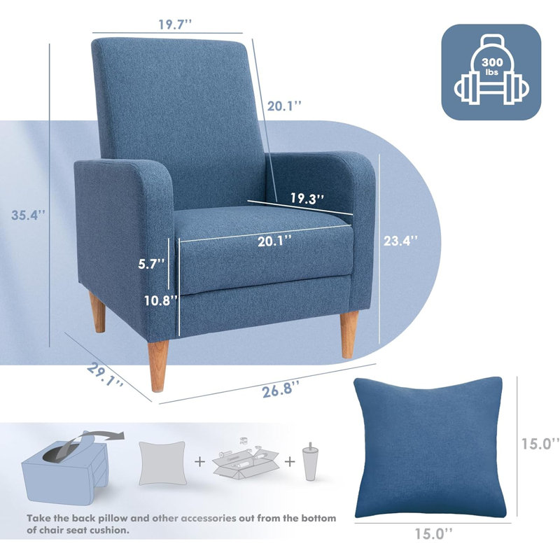Blue Upholstered Accent Chair with Wooden Legs and Pillow