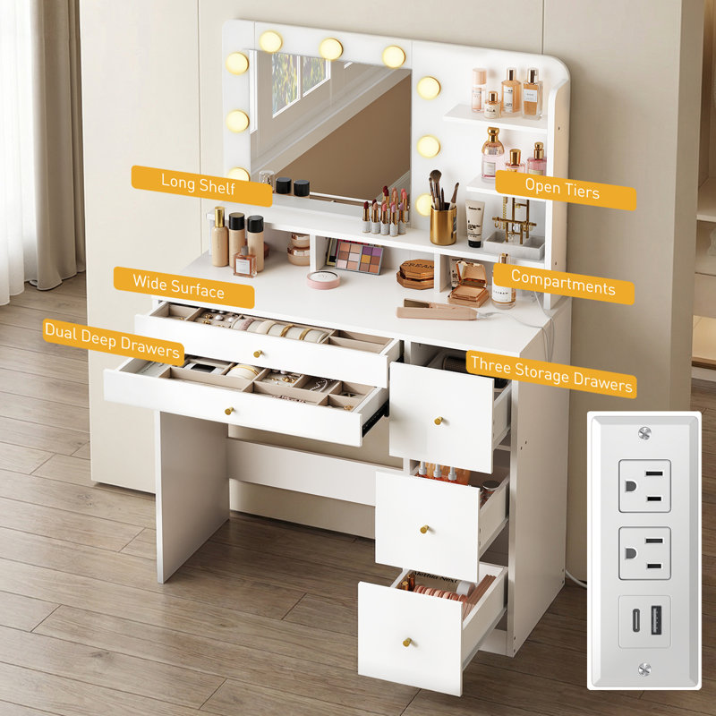 Makeup Vanity Desk 5-Drawer Dresser with Mirror and Adjustable LED Lighting