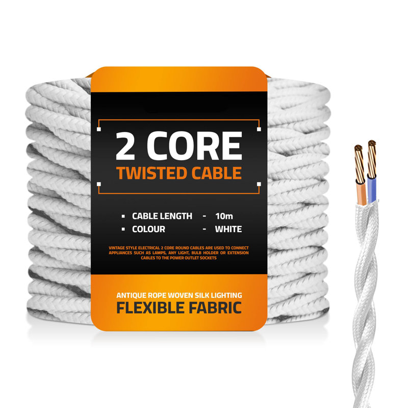 Arquan 2 Core Twisted Cable Fabric Flex Cord 0.75mm Braided Flexible Electrical UK Lighting Wire Cord / Cable, White