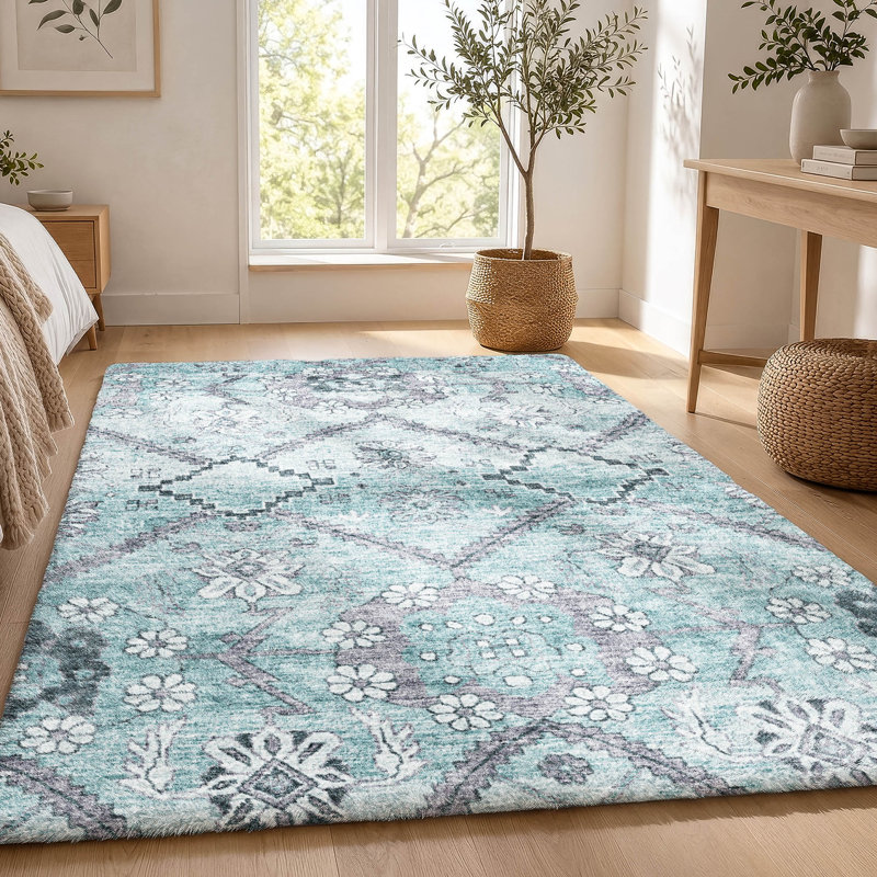 Tapis floral à poils longs de qualité supérieure lavable à la machine ADS841, Sarcelle, 10 pi x 14 pi