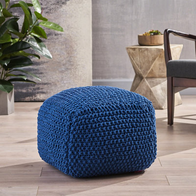 Pouf tricoté en coton 20,5 x 20,5 x 16,5 bleu marine, avec perles bleu marine, l 20,41 po x P 20,41 po, H 16,33 po, rembourrage stable