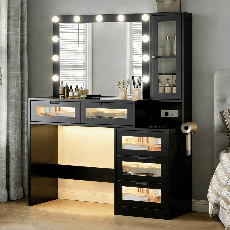 43 po Meuble-lavabo de ferme 43 po avec station de charge, grand tiroir de meuble-lavabo moderne avec lumières RVB, coiffeuse pour la chambre à coucher avec 5 tiroirs et tablettes de rangement, noir