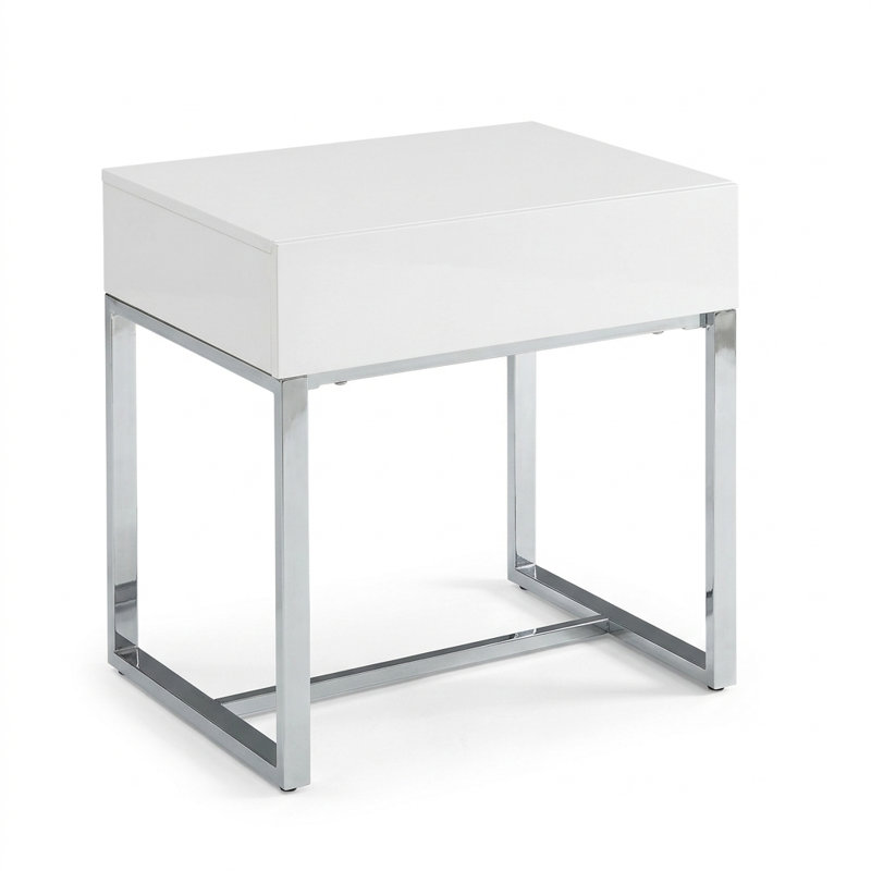 Kiro Table de bout rectangulaire blanche en bois avec tiroirs à profil bas et structure en métal
