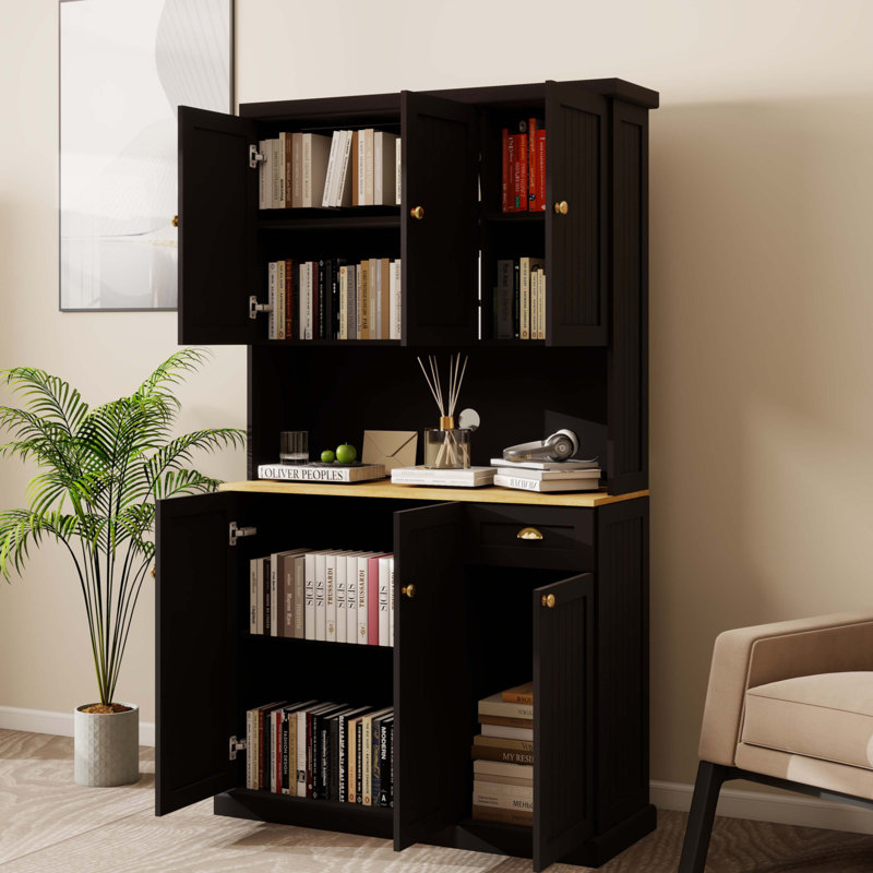 71" Kitchen Pantry Storage Cabinet With Microwave Oven Countertop, Black