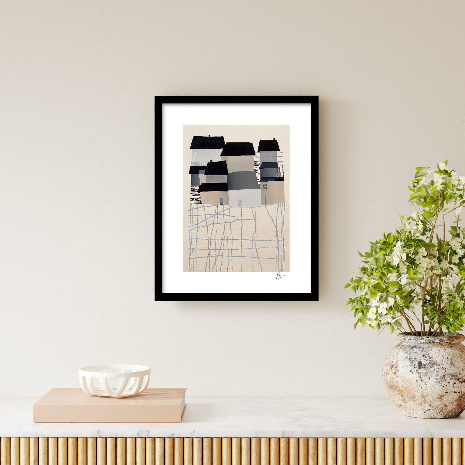 Village Print by Lee Lessem, 20" H x 16" W x 1.25" D, Black