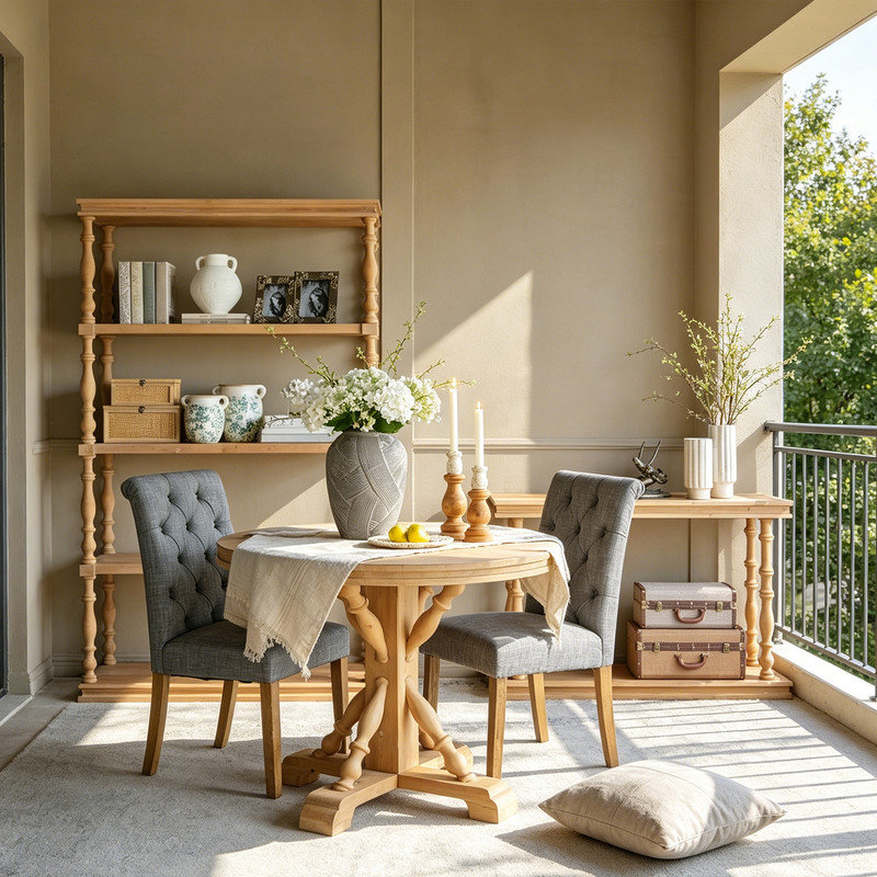 Table de salle à manger et de cuisine rustique ronde, 42 x 32 po, en bois naturel avec base balustre sculptée, style maison de campagne