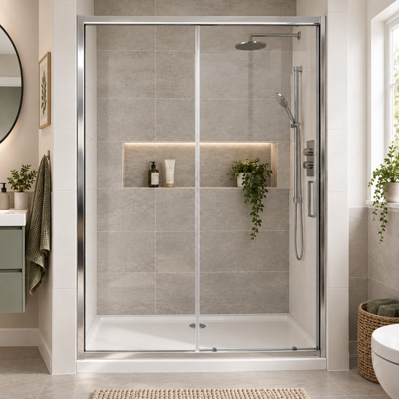 Flora Single Added Framed Shower Door with Clear Glass, 195cm H x 160cm W x 1cm D
