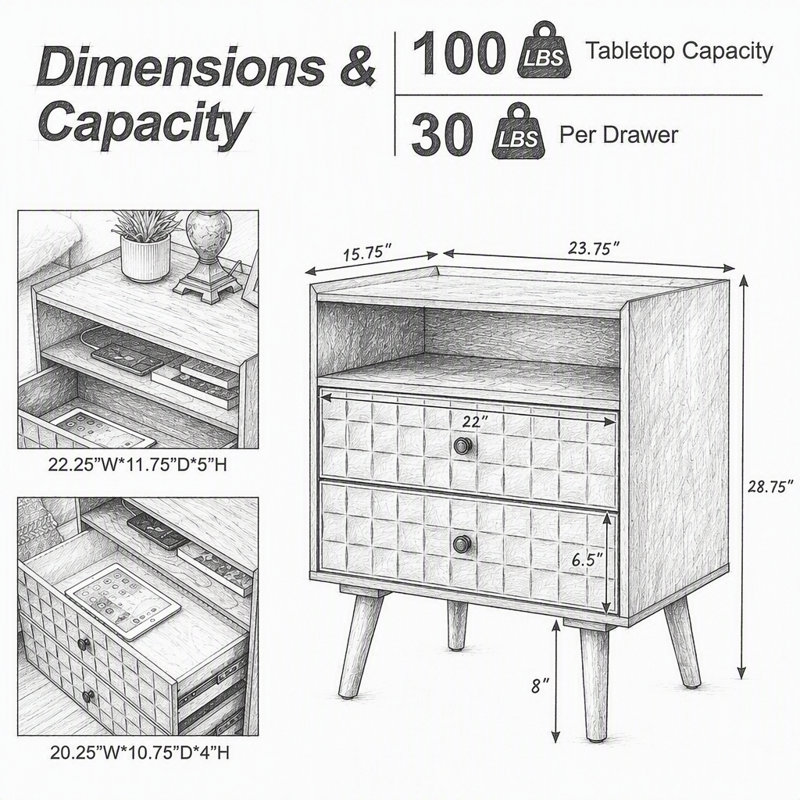 Table de chevet avec poste de recharge, 2 tiroirs, tablette de rangement ouverte, façades de tiroirs géométriques, pieds en bois massif